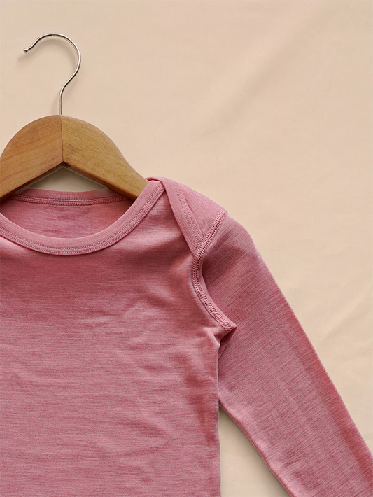 Secondary image for Organic Merino Wool Long Sleeve Baby Bodysuit - Pink