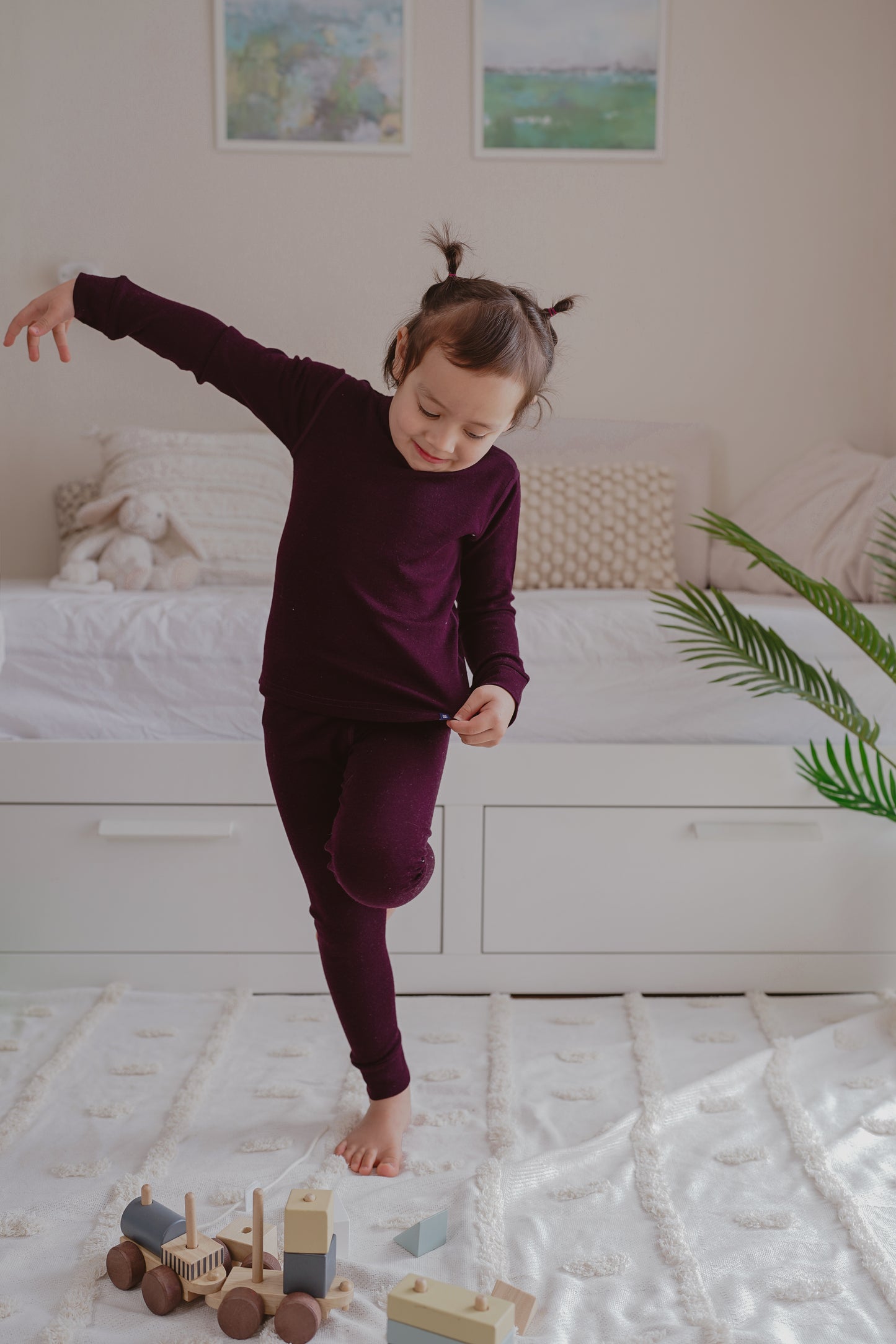 Organic Merino Wool Full Length Kids Pyjama Pants - Plum