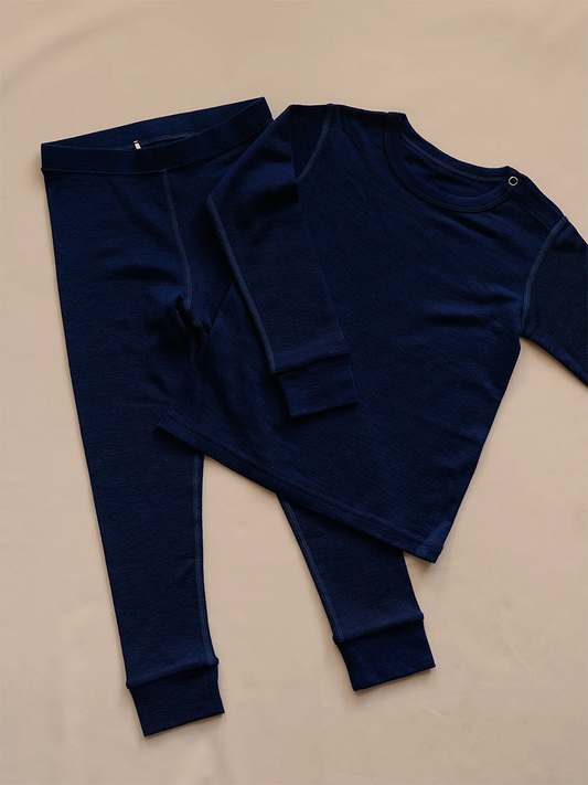 Organic Merino Wool Kids Full Length Pyjama Set - Navy