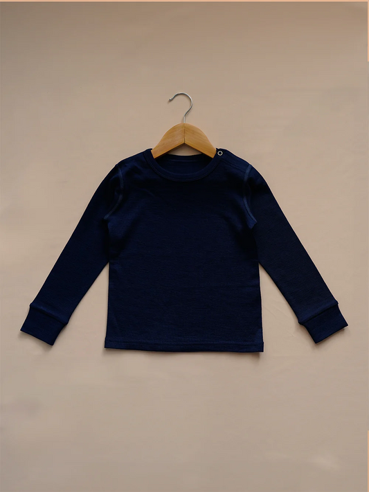 Organic Merino Wool Long Sleeve Kids Pyjama Top - Navy