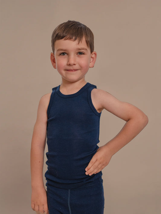 Organic Merino Wool Baby and Kid Singlet for Layering - Navy